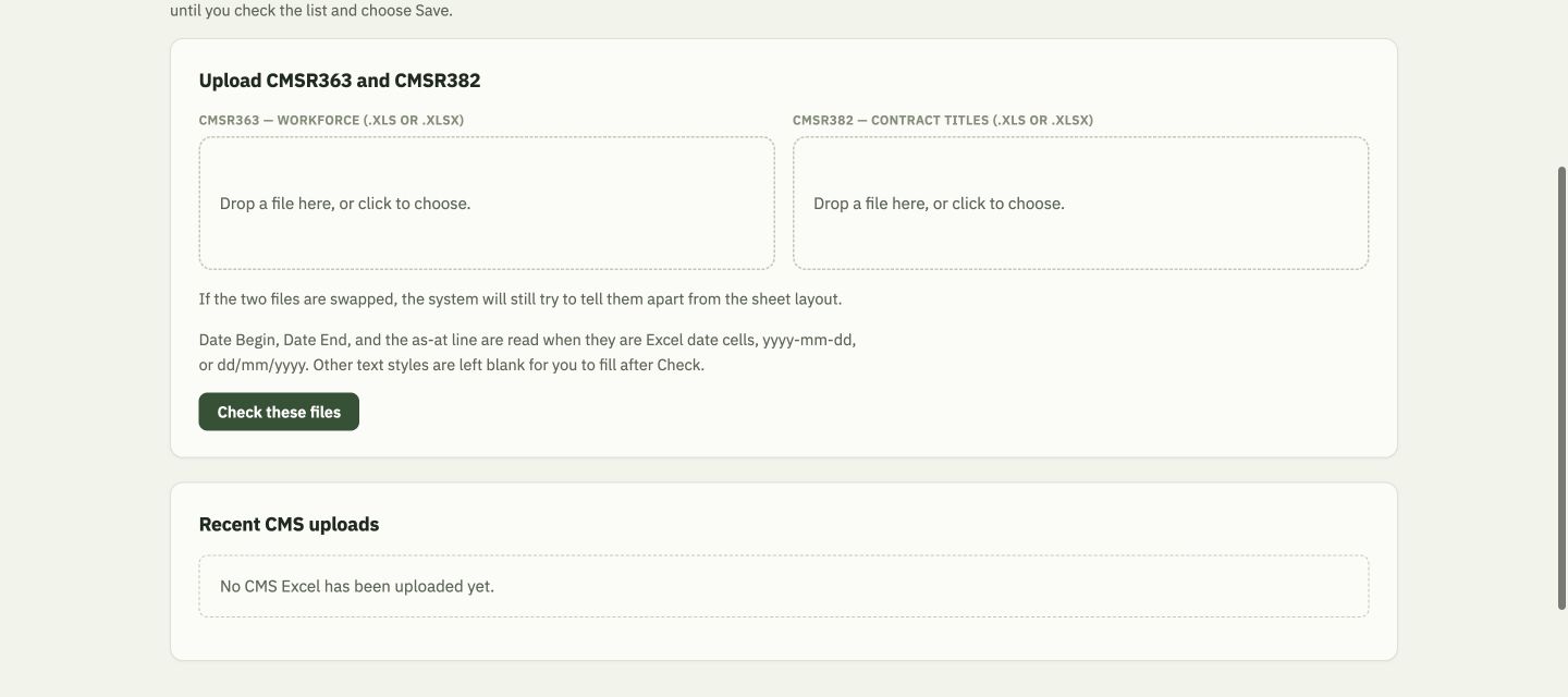 CMS Excel upload screen asking for CMSR363 workforce and CMSR382 contract title workbooks