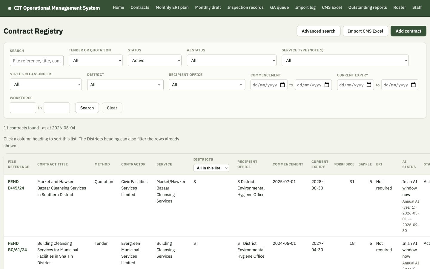 Fabricated Contract Registry with FEHD-style references and filters for status, AI status, service, district, dates and workforce