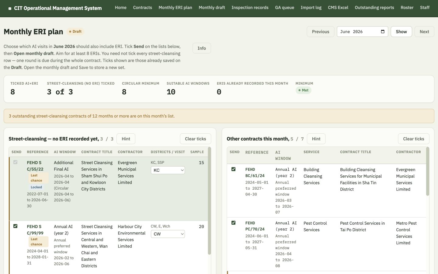 Fabricated Monthly ERI plan with FEHD-style references, street-cleansing and other-contract sections, eight selected ERIs and district choices