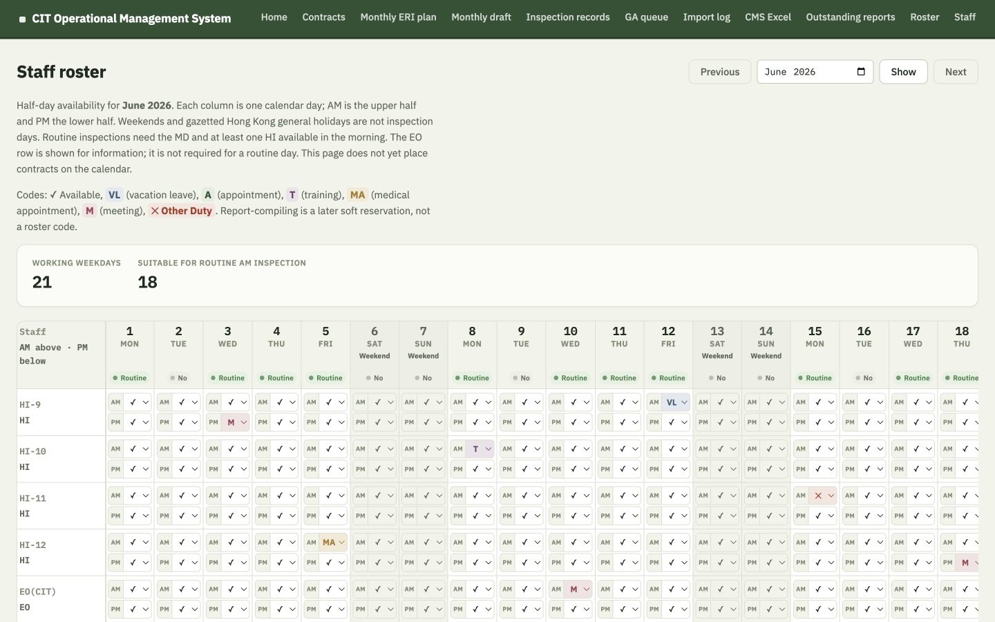 Fabricated monthly staff roster with AM and PM availability codes across June 2026